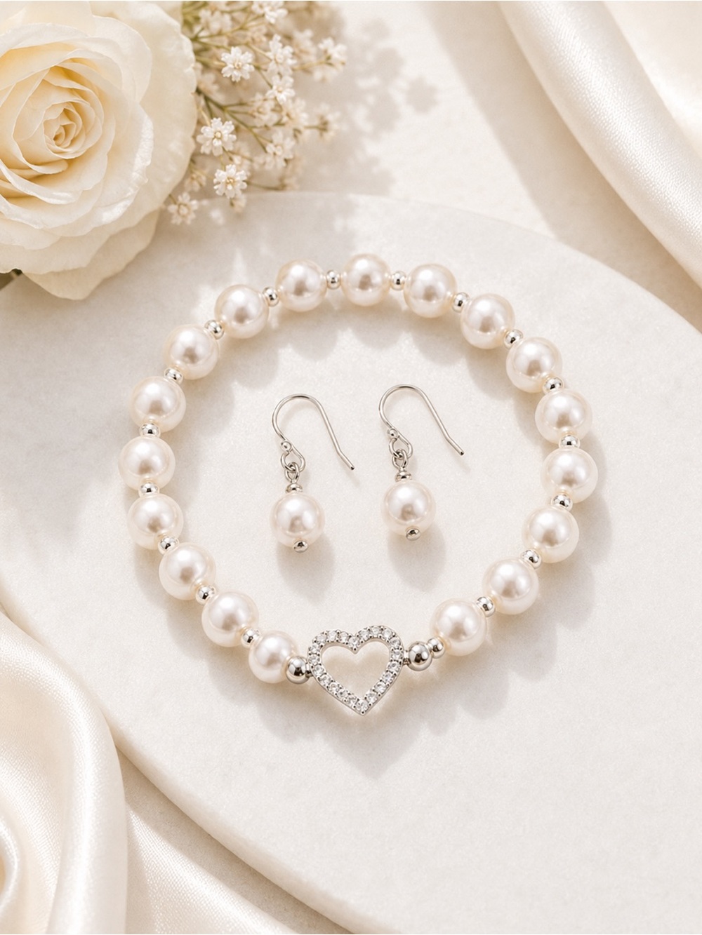 Boutique White Genuine Mother Pearl Bracelet & Earrings Set Heart Jewelry NWT